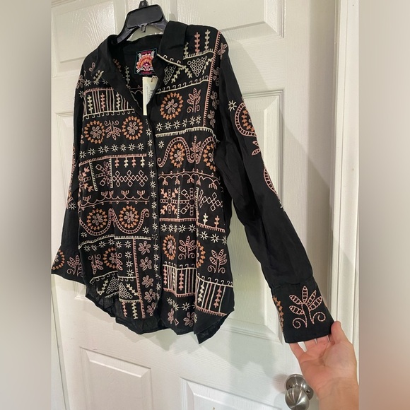Johnny Was Faye Relaxed Linen Button Down Embroidered Shirt Lagenlook Size L - Picture 3 of 15